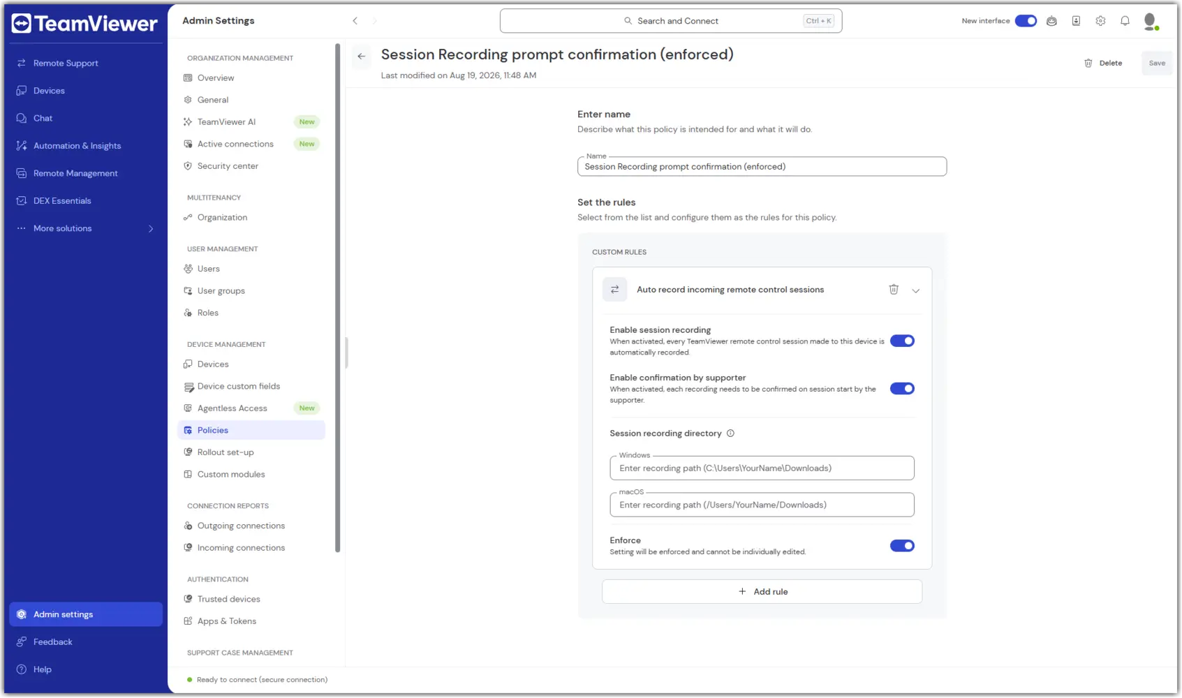 Session Recording policy settings