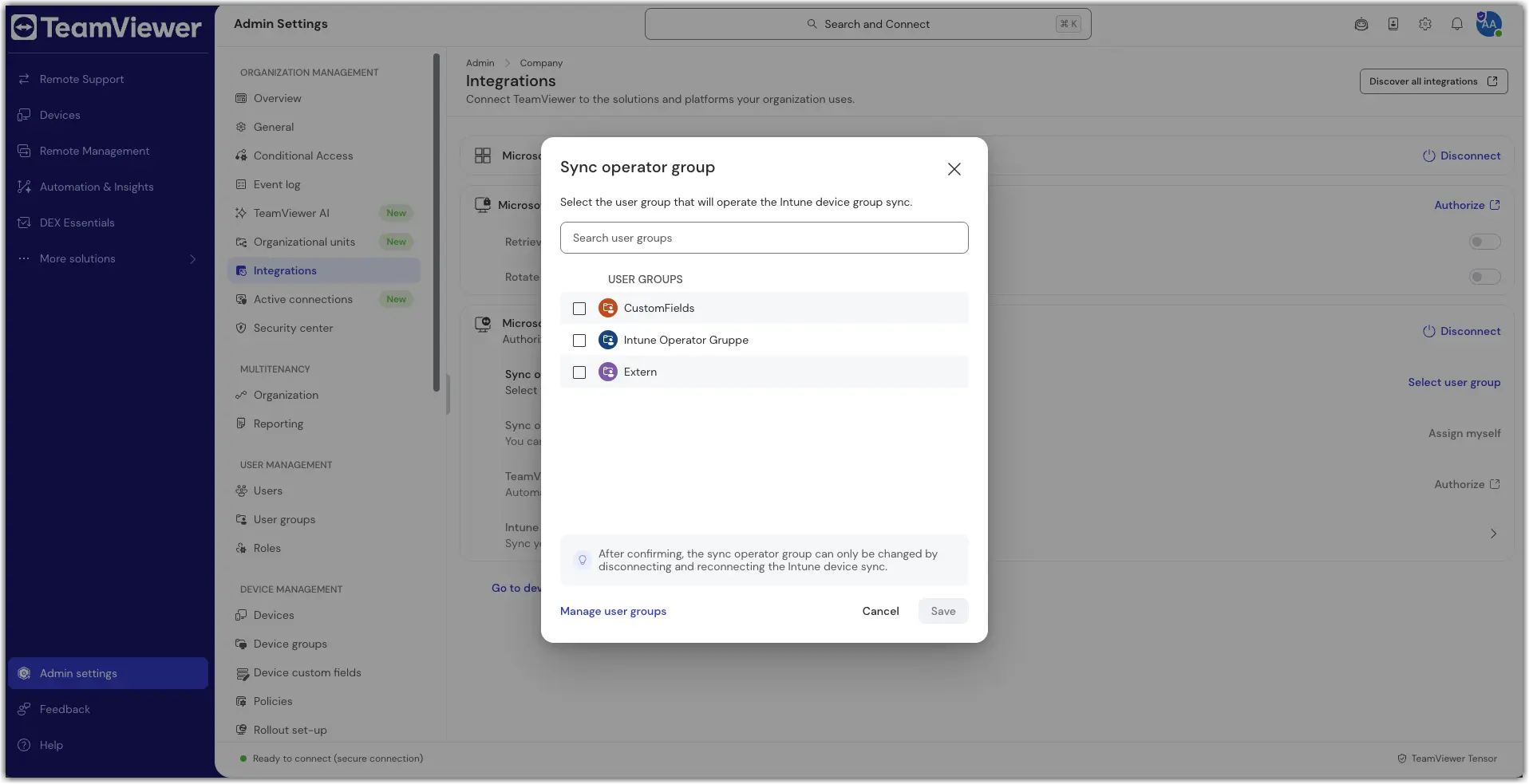 Select the user group for sync operator