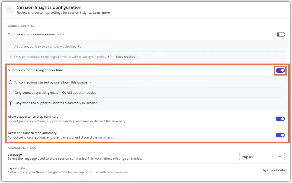 summaries for outgoing connections