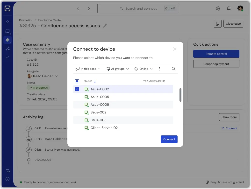 Resolution Center – Connect to Device