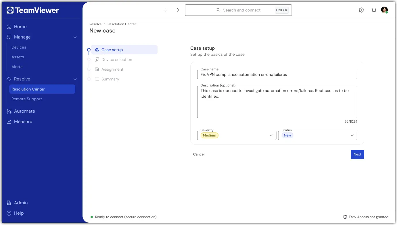 Resolution Center – New Case