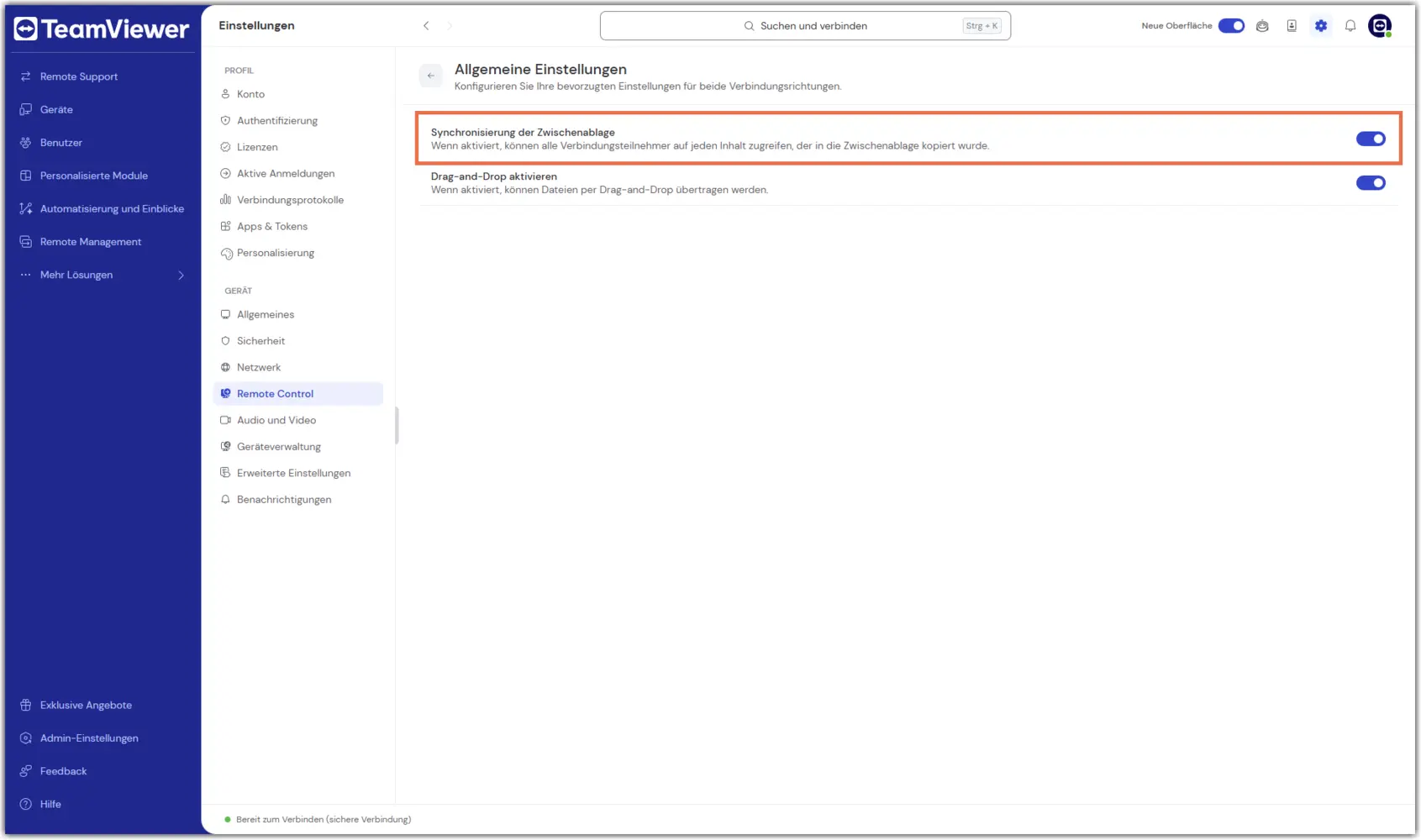 Settings Remote Control Clipboard Sync Enabled