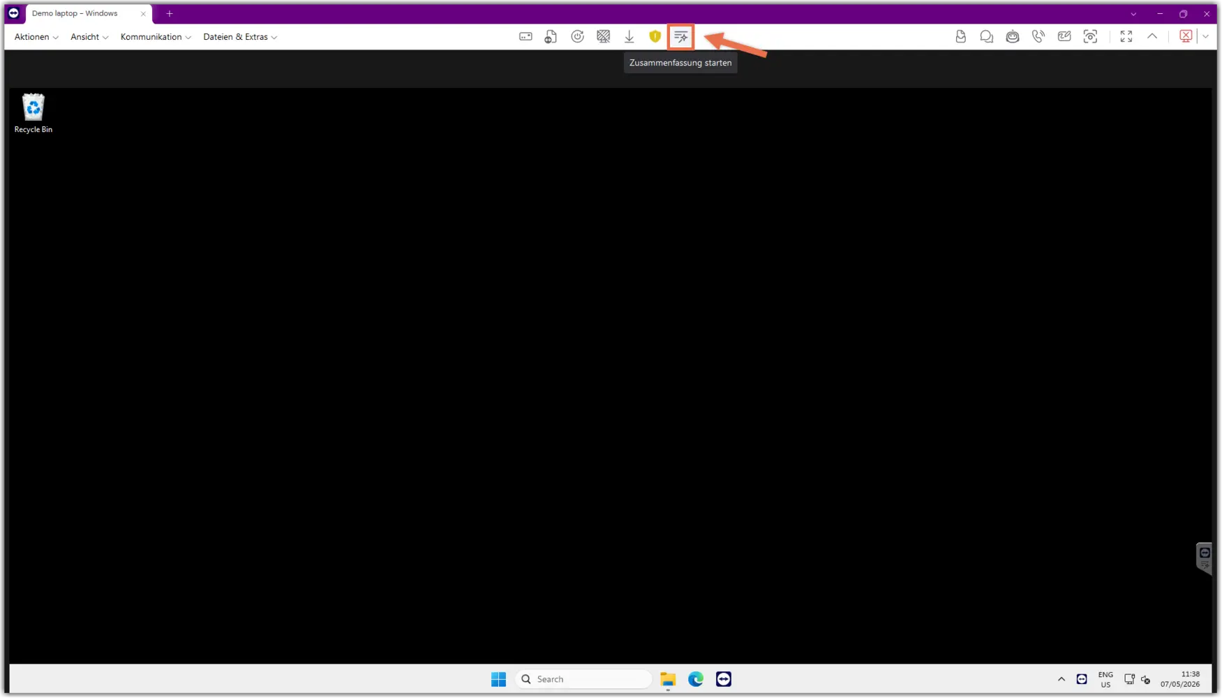 Remote Session Toolbar Start Summary