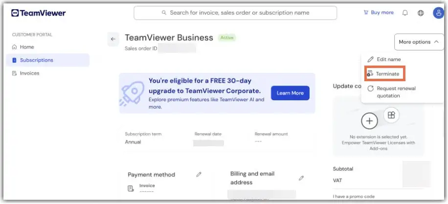Customer Portal Subscription Termination