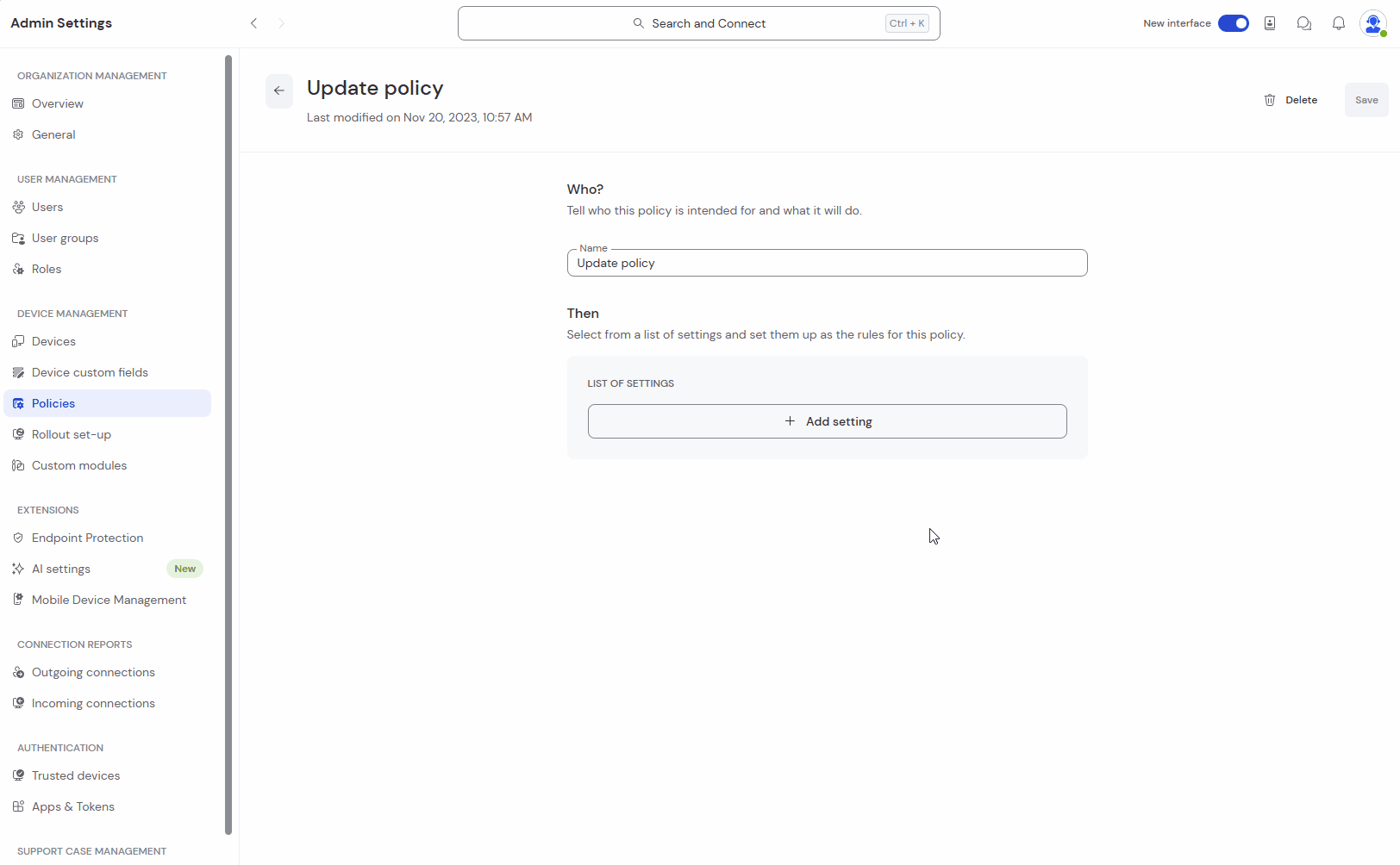 Add Update Policy Settings