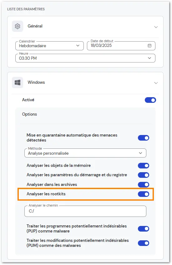 Parametres Endpoint Protection Options Analyses Methode Hebdomadaire Rootki