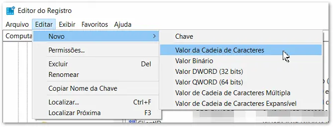 Editor Do Registro Valor Da Cadeia De Caracteres