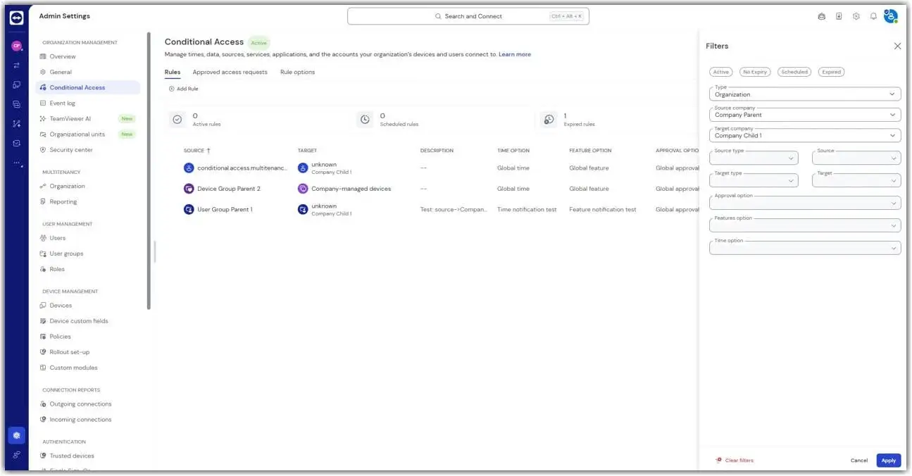 Organization Rules Filters