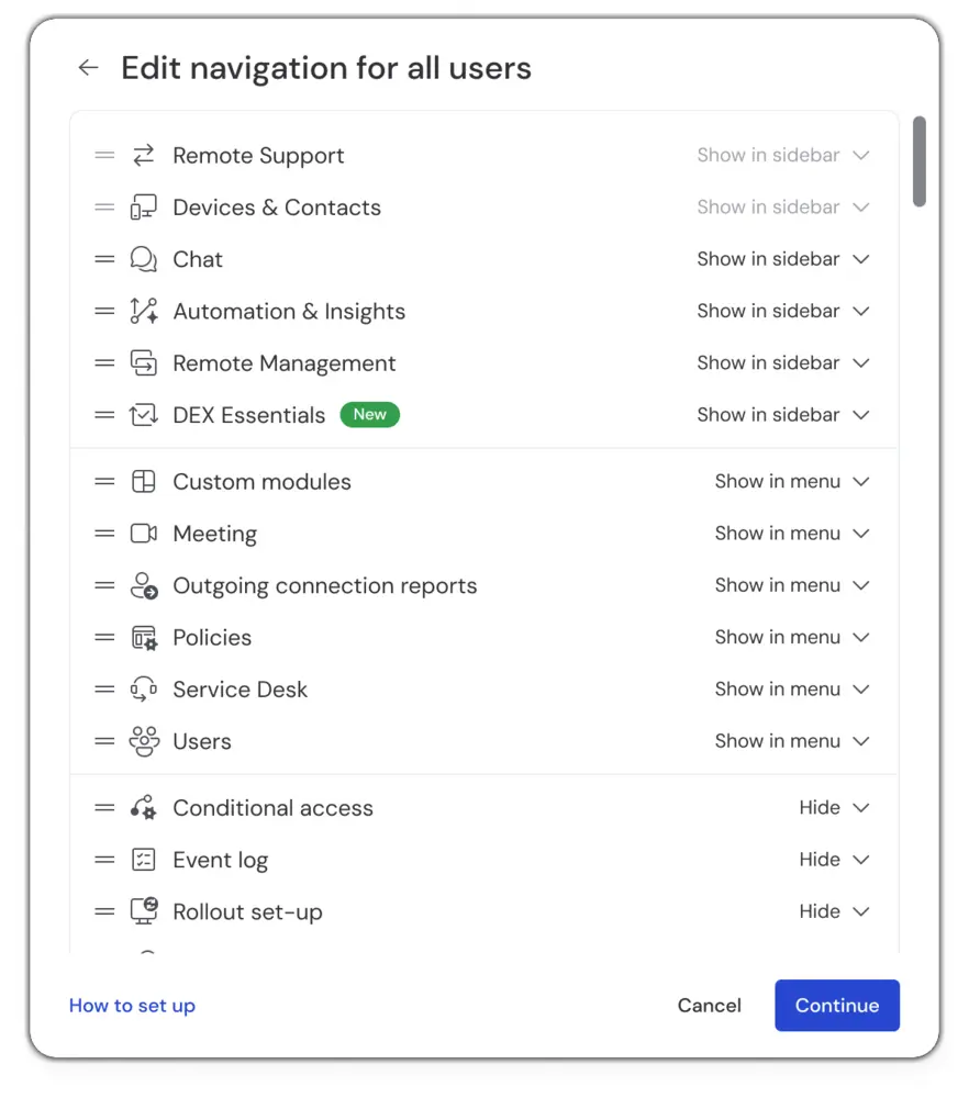 Customize Settings Set Navigation