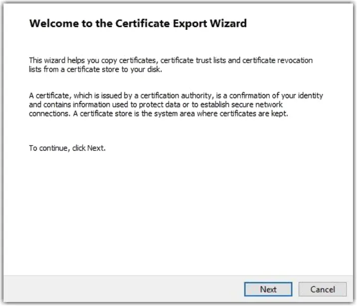 Welcome To The Certificate Export Wizard