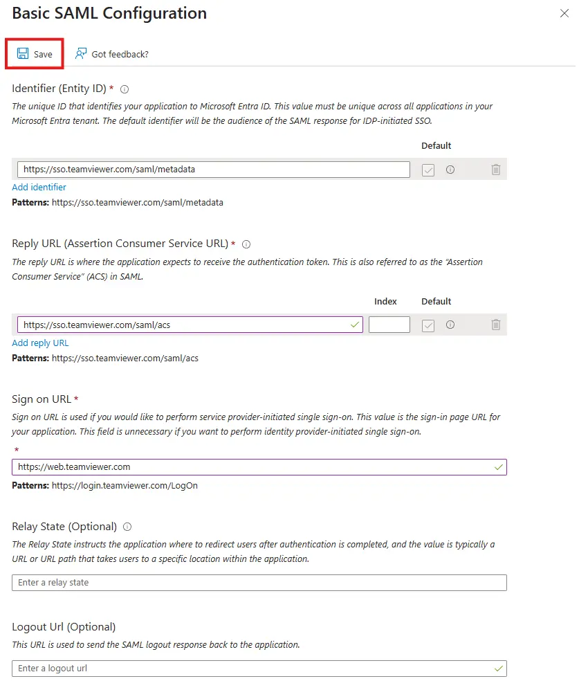 Basic Saml Configuration Click Save