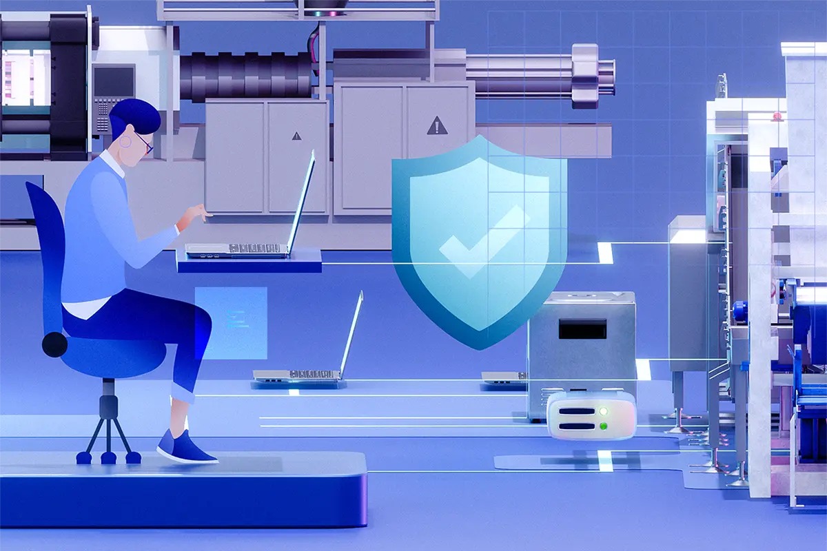 Illustration: technician using a laptop within an automated industrial setup