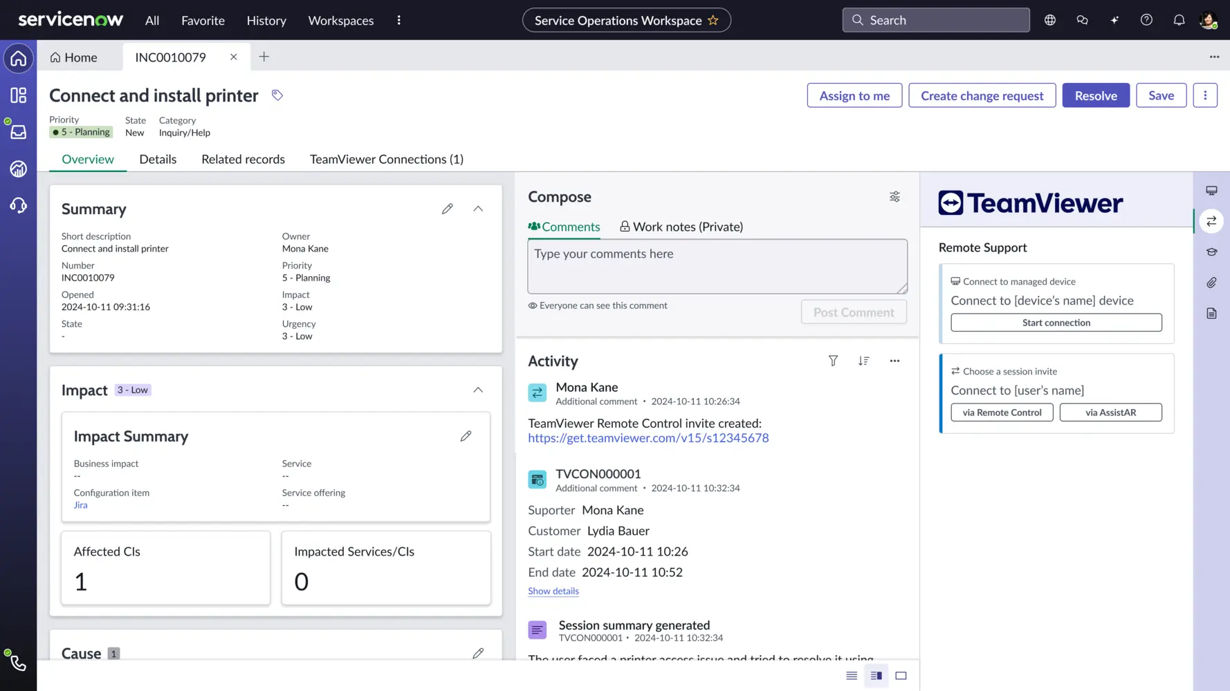 Service Ops workspace incident overview