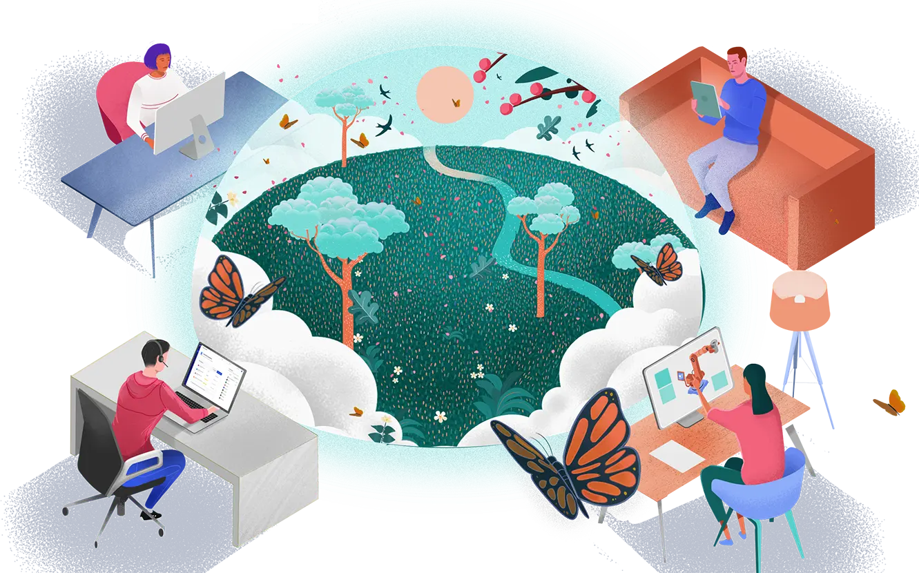 Illustration: people working in eco-friendly environments