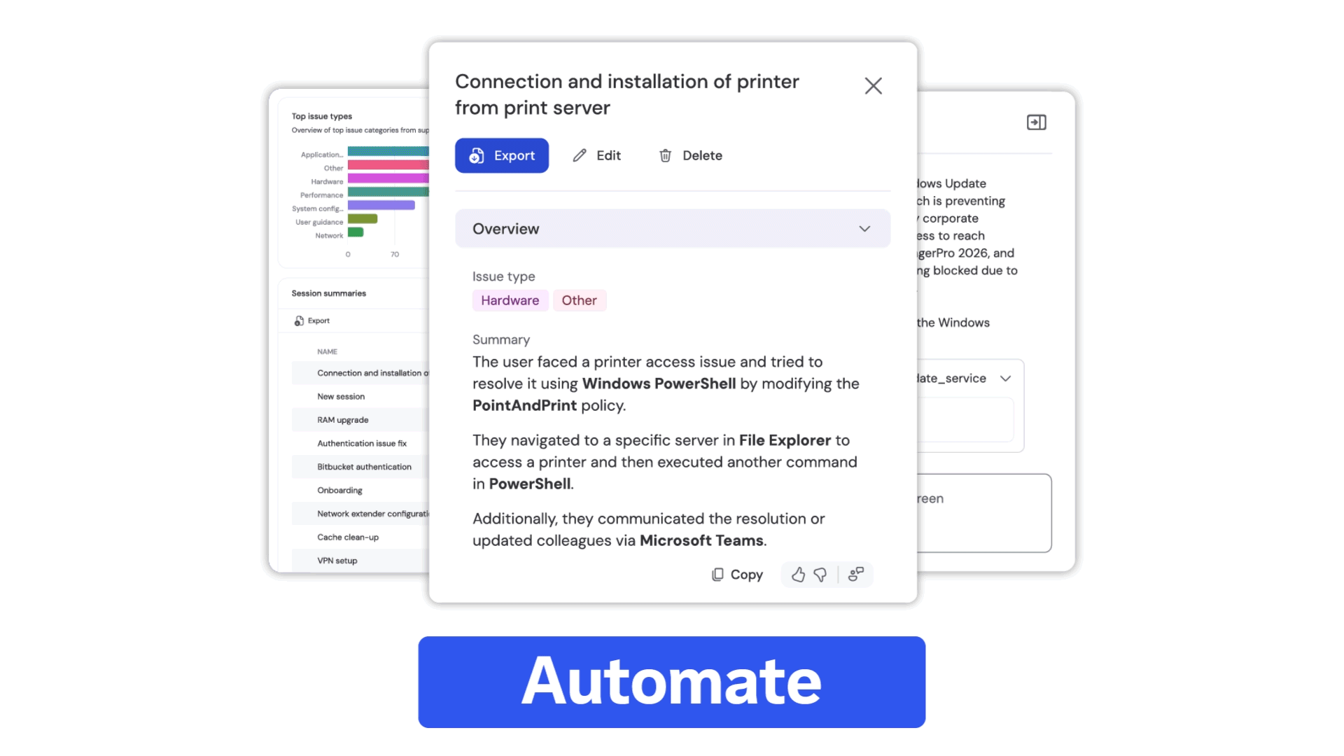 Automate, recommend ticket fixes, and share insights and expertise with TeamViewer AI